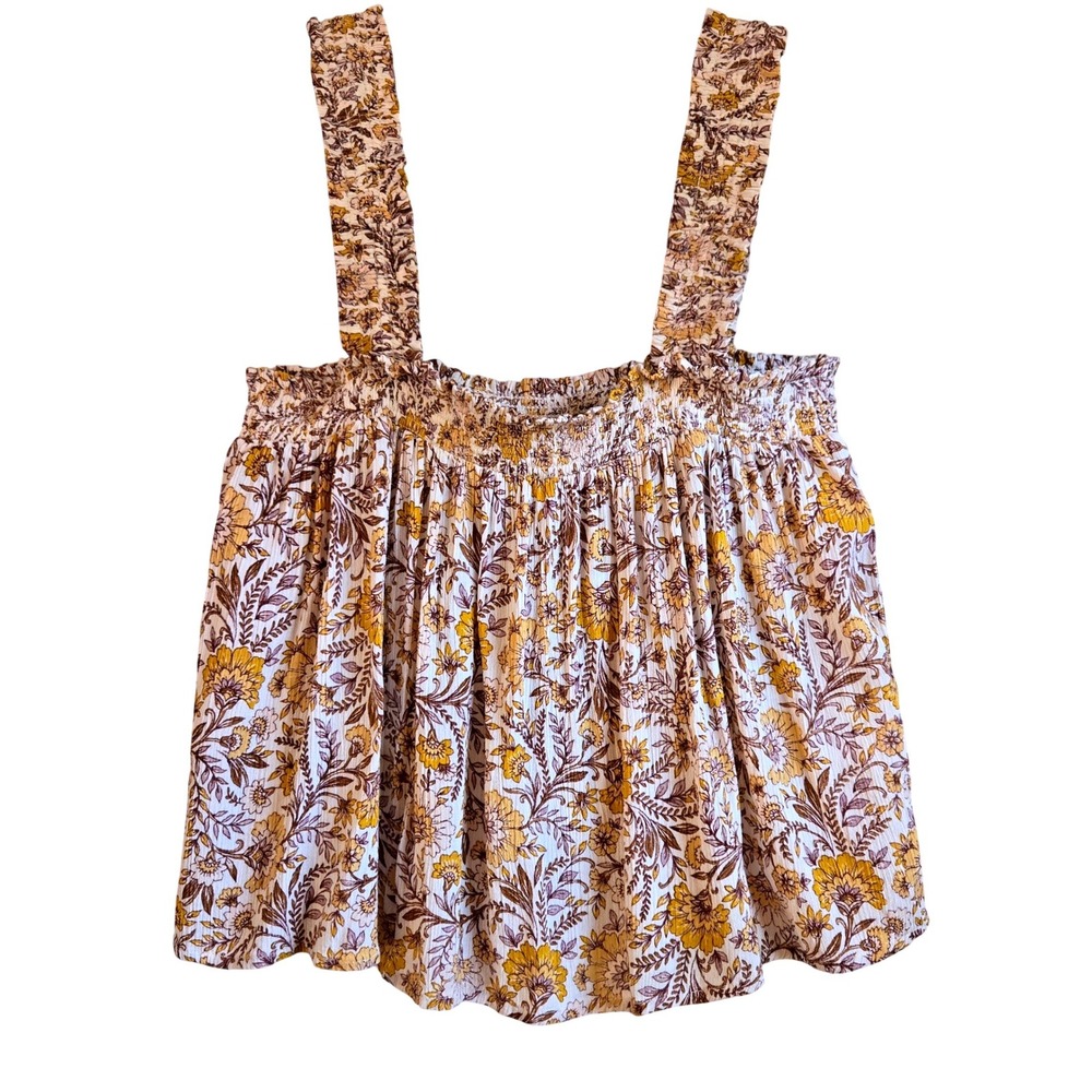 Patrons of Peace Yellow Floral Smocked Tank Top Square Neck Boho Blouse Medium